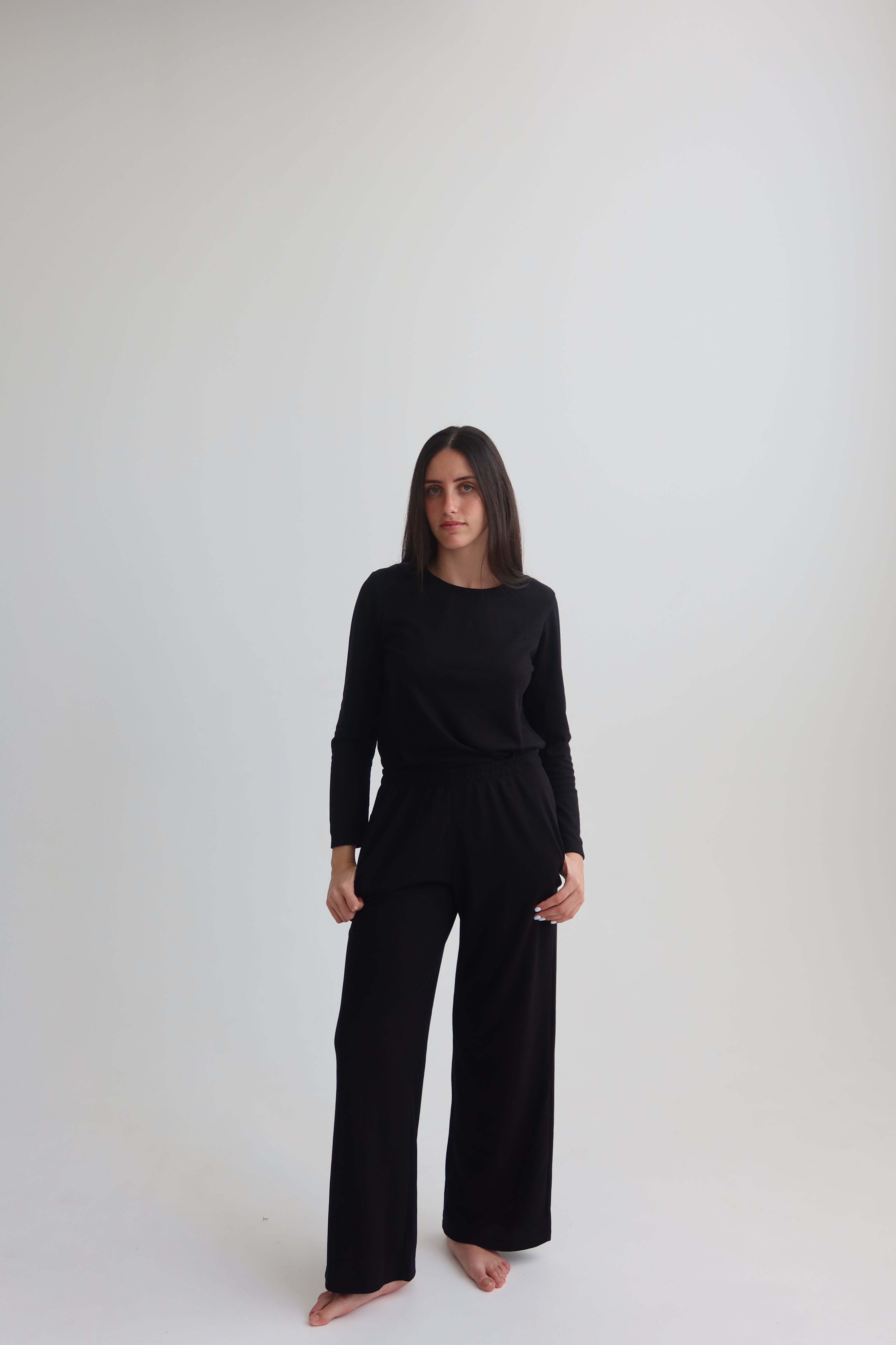 Waffle straight pants - black