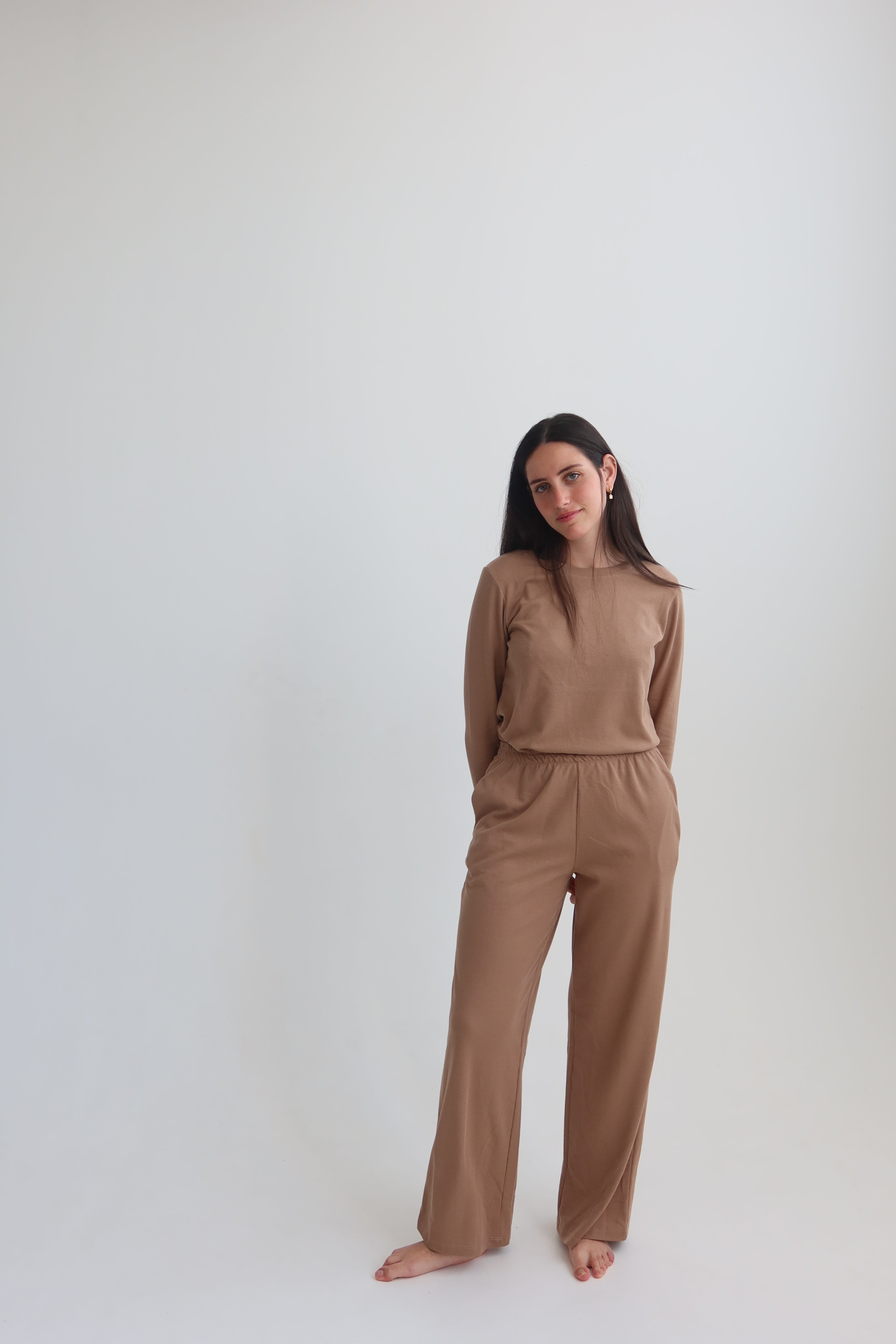 Waffle straight pants - brown